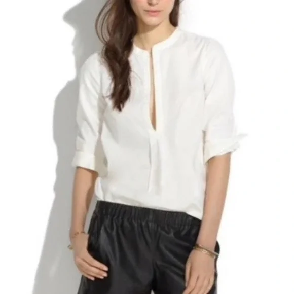 Madewell Textureweave Popover Split Neck Cotton Top Black Size Small - Picture 2 of 6